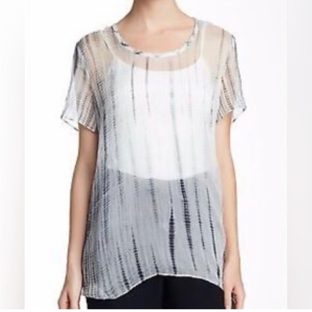 Eileen Fisher Women’s Sheer Print Silk Short Sleeve Top Petite Size PP/PTP